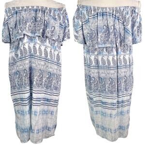 Beach Lunch Lounge Dress M Off Shoulders Blue White Print